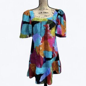 Marie Oliver Kaylee Mini Dress Size S Jewel Silk Linen Blend Puff Sleeve Lined